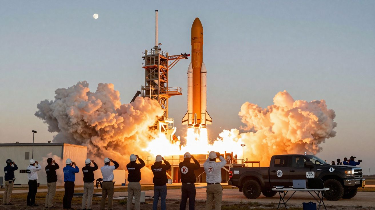 Foguete a descolar ao pôr do sol com equipa de técnicos a observar e registar o lançamento.