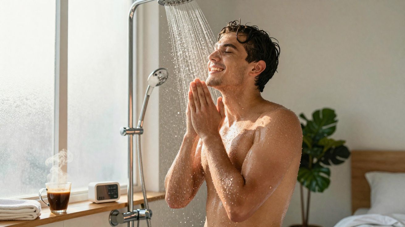 Homem a sorrir enquanto toma duche de água corrente numa casa luminosa com janela e planta decorativa.