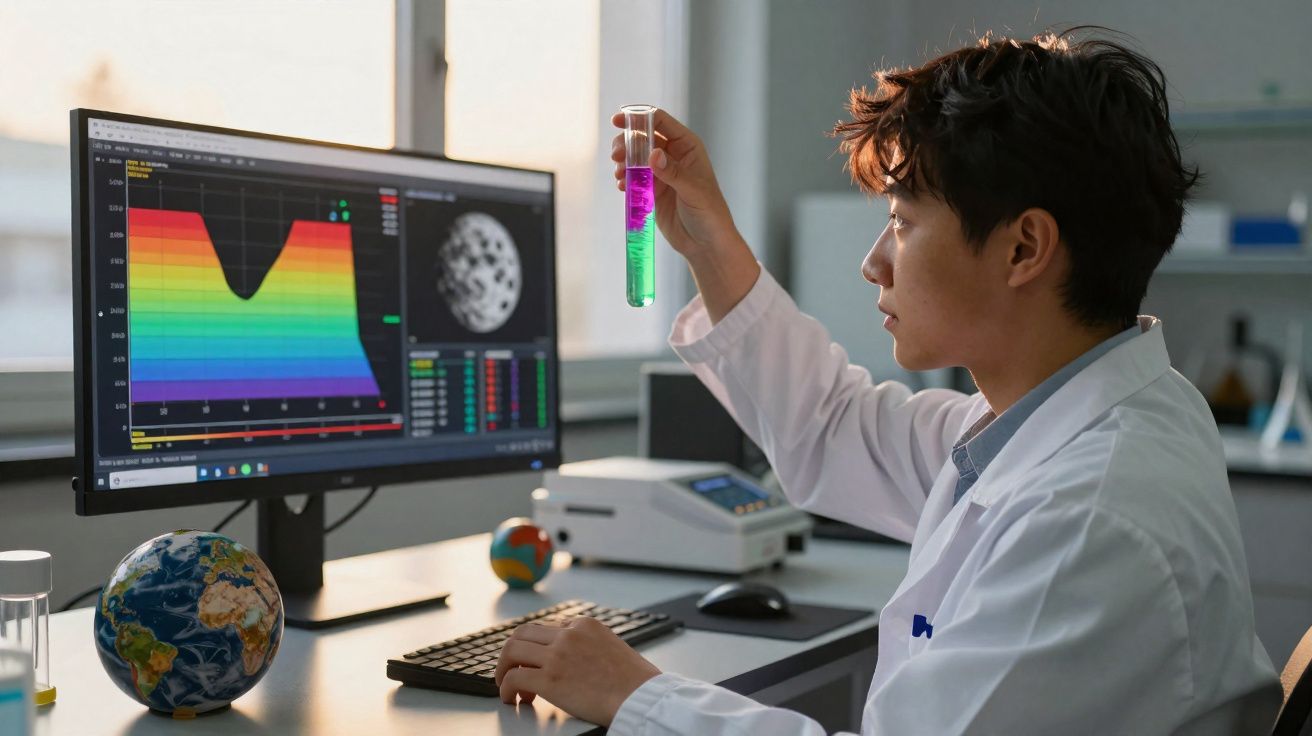 Cientista vestido de branco observa tubo de ensaio com líquido colorido enquanto analisa dados no computador.