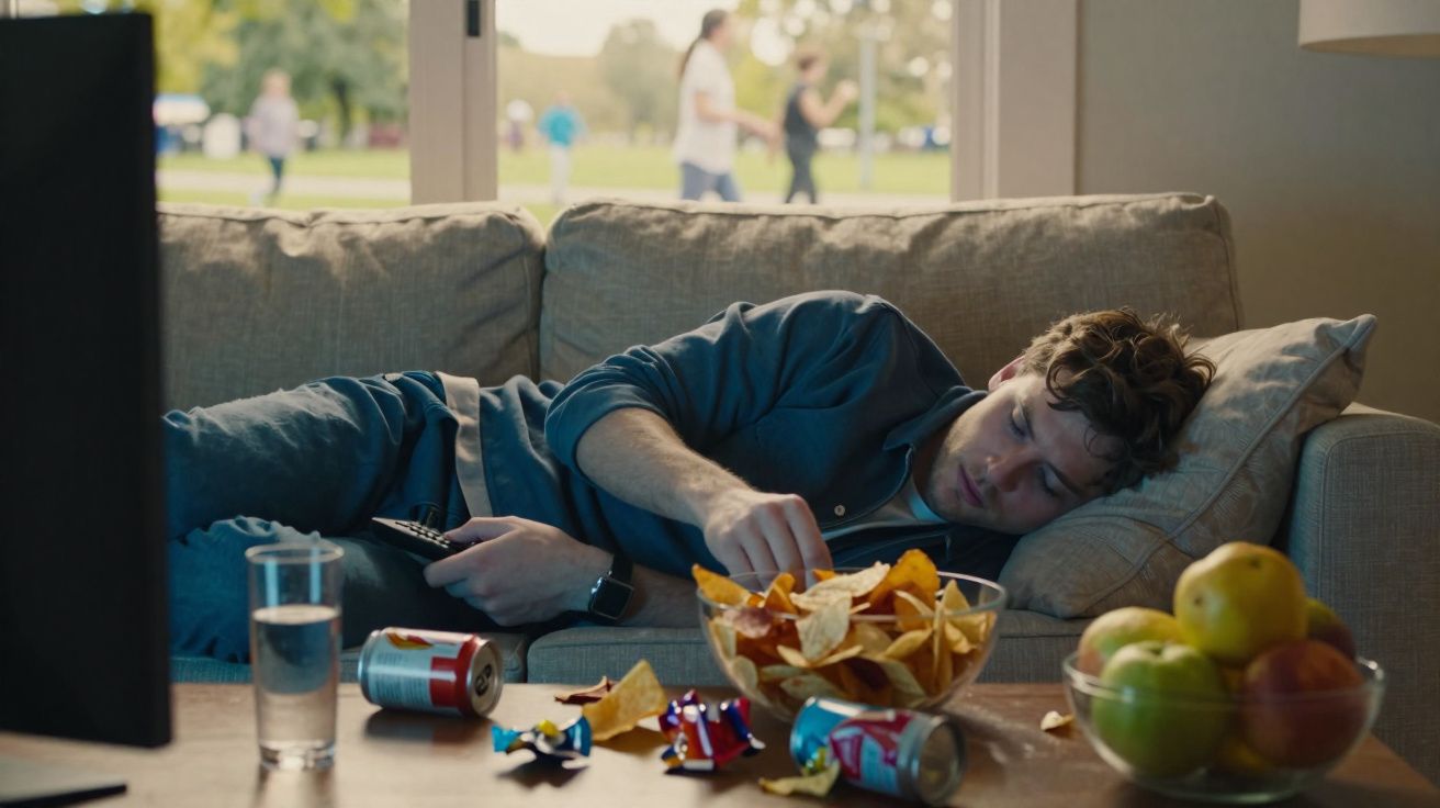 Homem deitado no sofá a comer snacks enquanto assiste televisão, com bebidas e fruta na mesa.