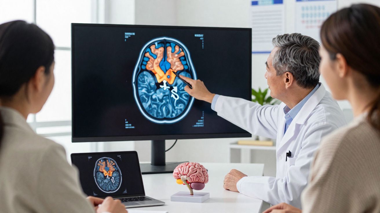 Médico aponta para imagem de ressonância magnética do cérebro numa tela, explicando a duas pessoas.