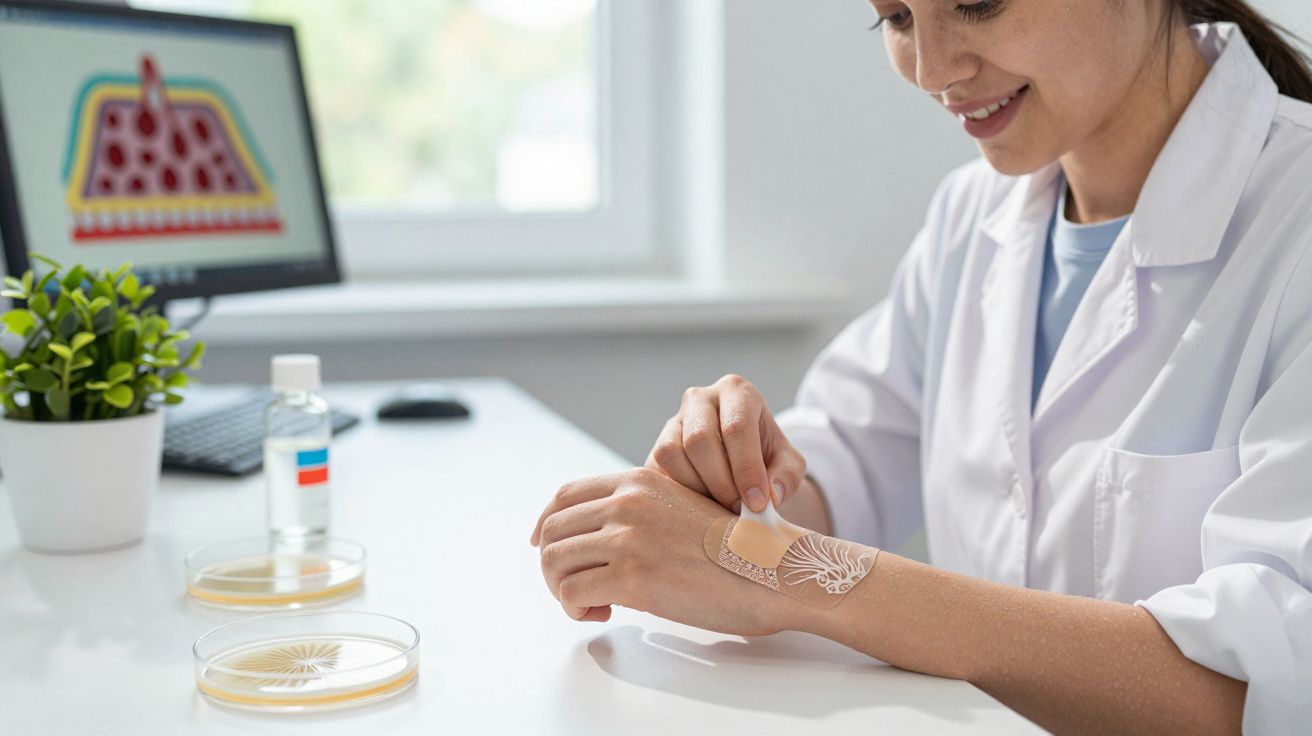 Mulher médica a aplicar curativo num braço, com lupa e ambiente de laboratório ao fundo.