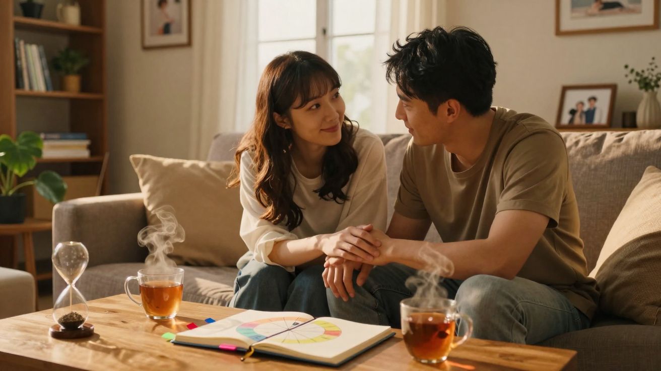 Casal sentado no sofá a segurar as mãos, com chá e desenho colorido na mesa de madeira à frente.