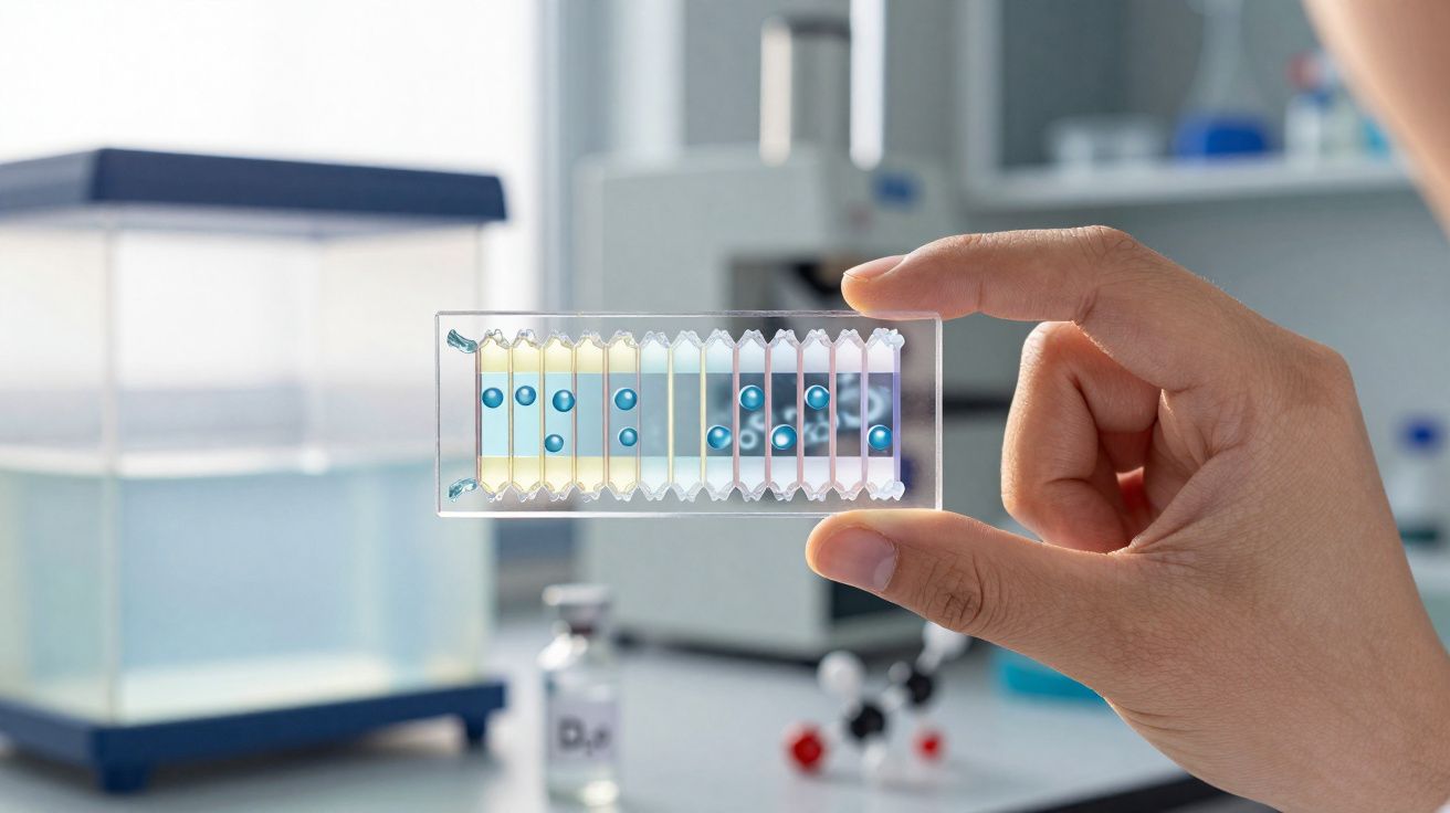 Mão segura lâmina de fluxo para cytometria com bolhas azuis em laboratório científico.