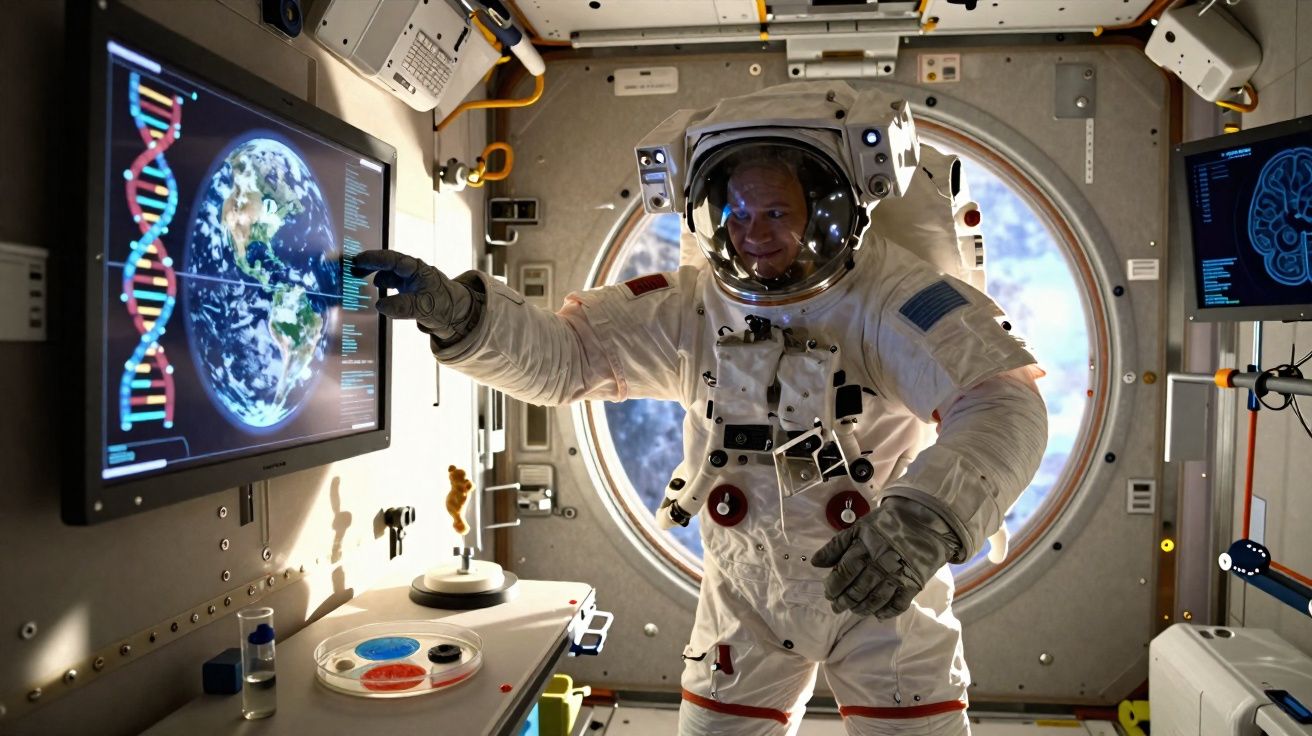 Astronauta em fato espacial dentro de módulo com monitor mostrando Terra e estrutura de DNA.