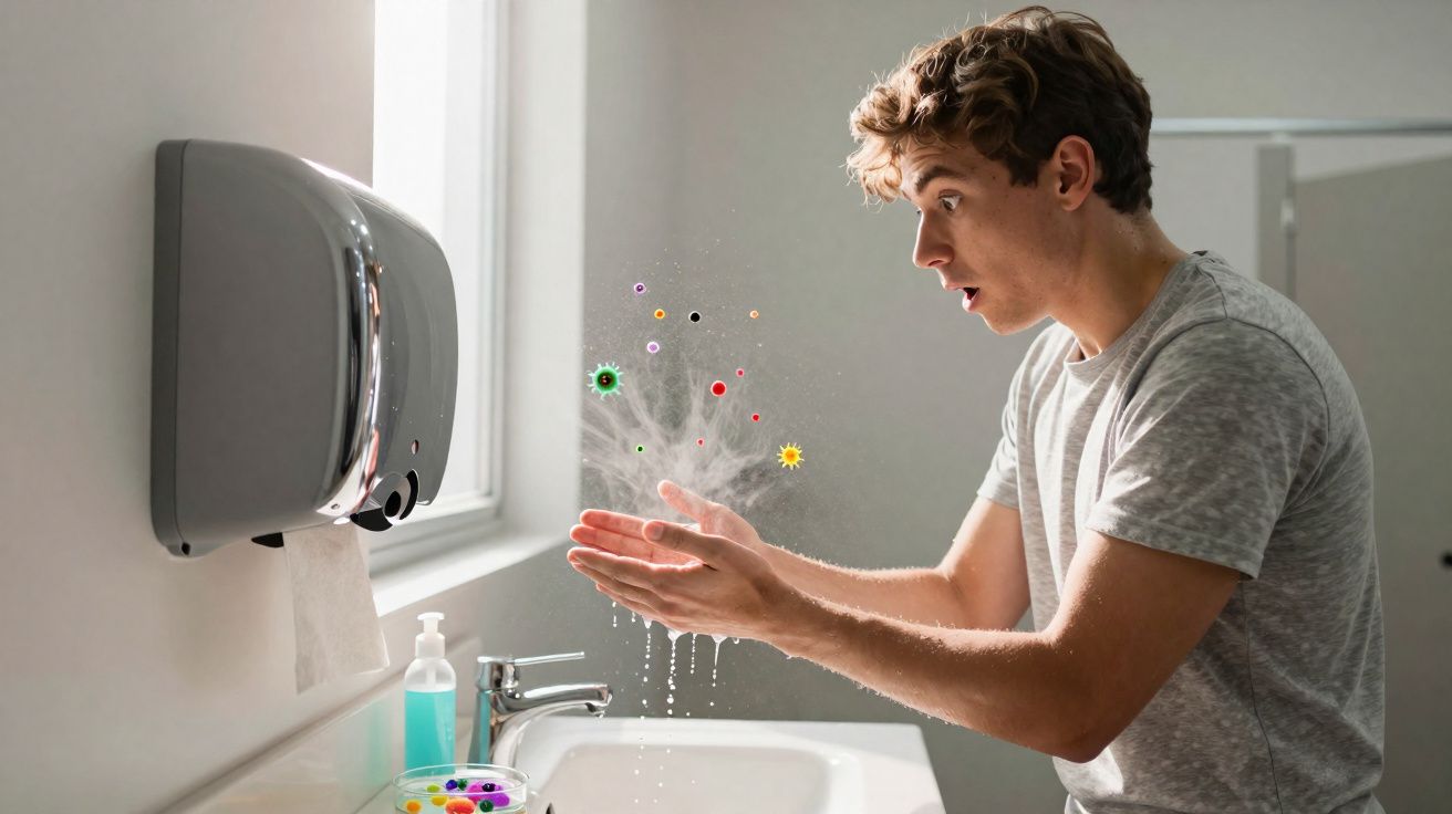 Homem lava as mãos na casa de banho enquanto partículas coloridas simulam germes no ar.