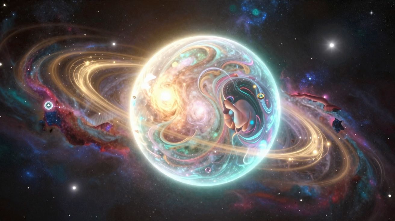 Representação digital de um planeta luminoso com anéis e padrões cósmicos no espaço profundo.