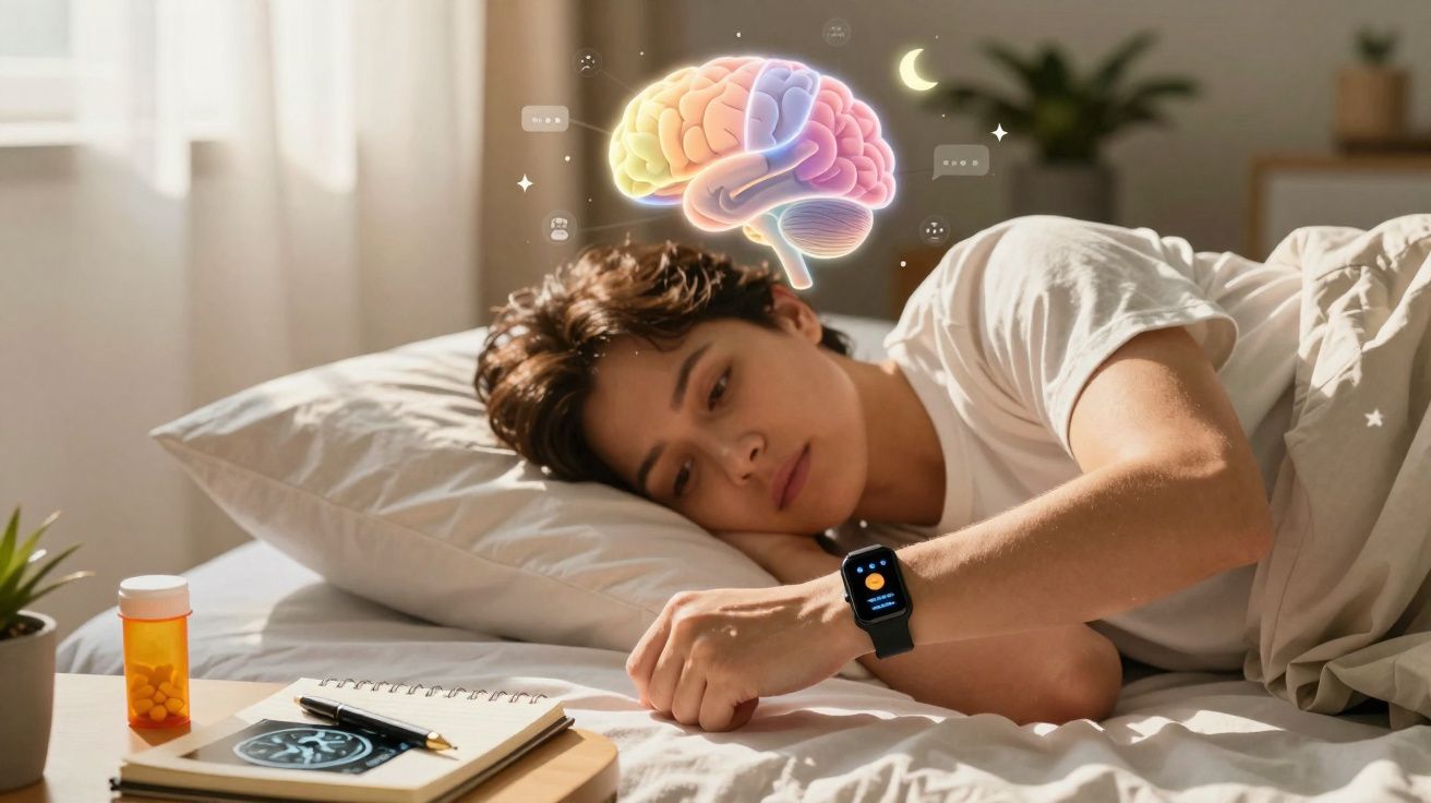 Pessoa deitada na cama a olhar para um relógio inteligente com cérebro ilustrado flutuante acima da cabeça.