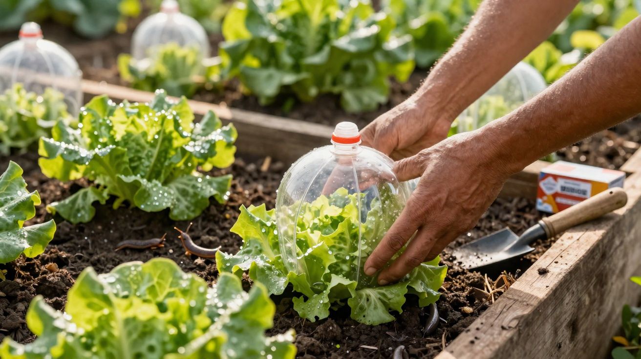 Mãos a proteger alface numa horta com um coberto feito de garrafa plástica cortada.