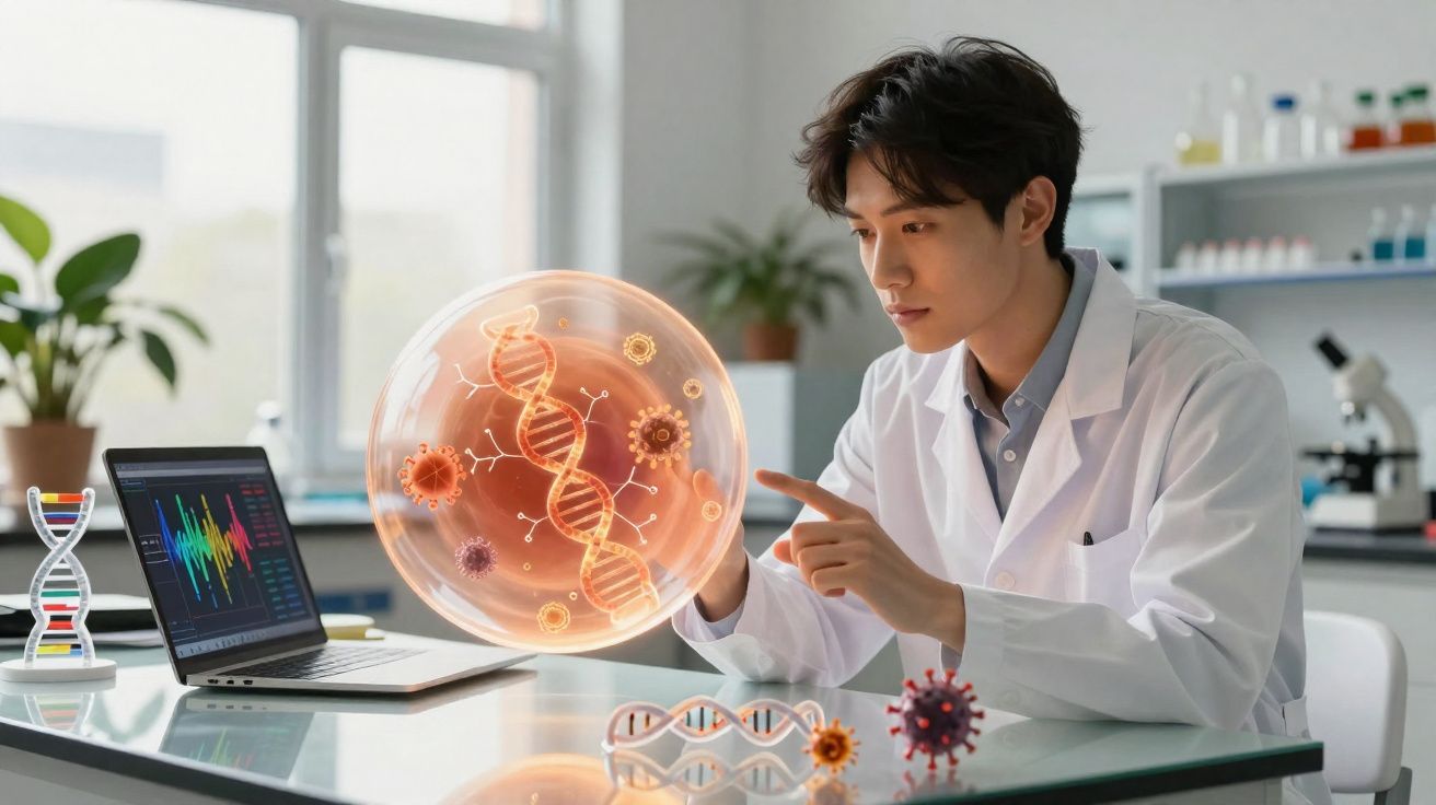 Cientista em laboratório a estudar modelo digital de ADN e vírus numa esfera holográfica sobre a mesa.