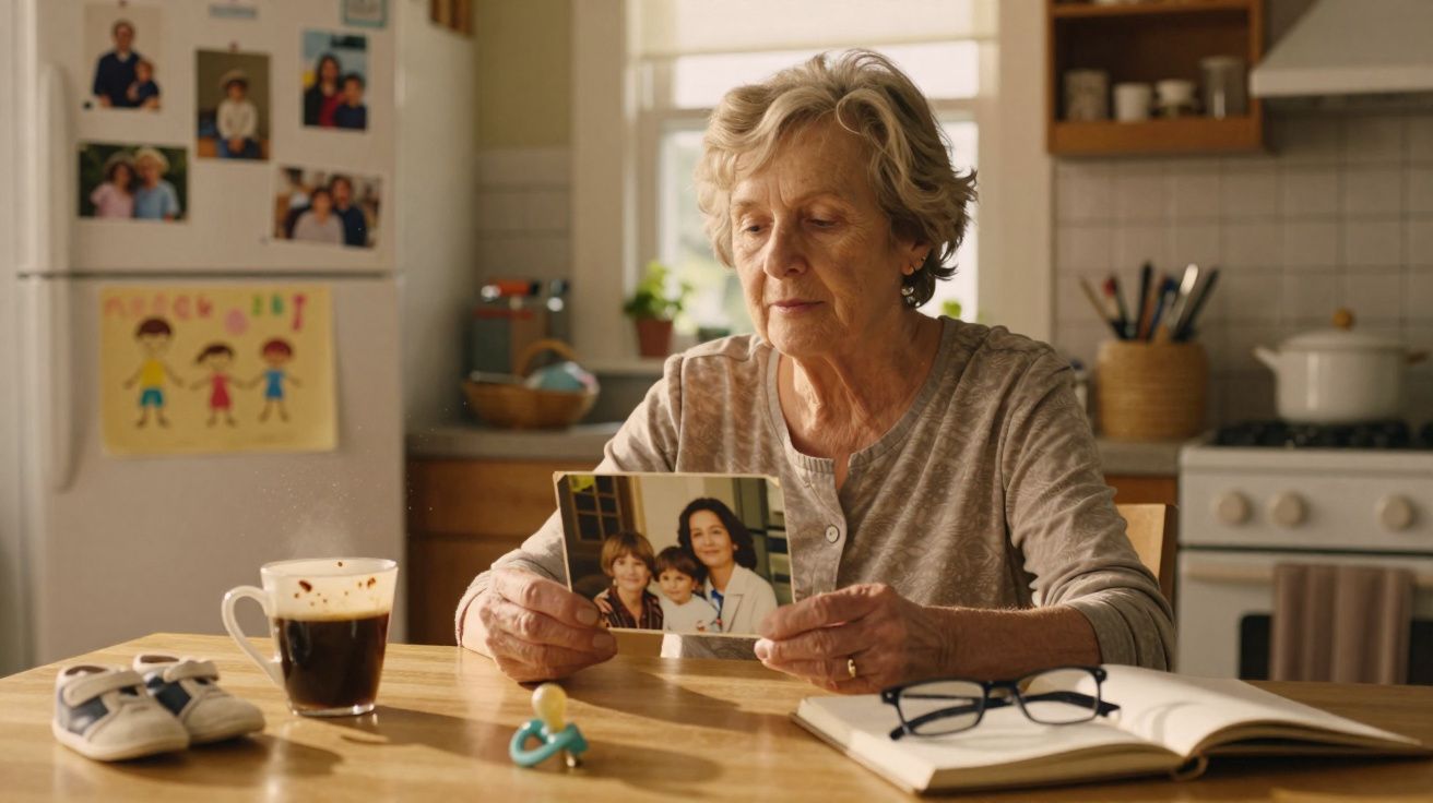 Mulher idosa sentada à mesa na cozinha, a olhar pensativa para uma fotografia de família.
