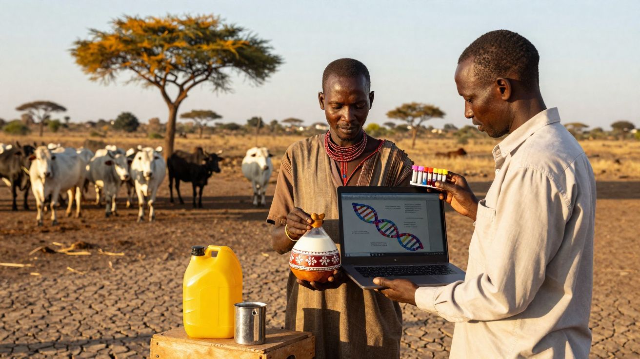 Dois homens africanos num campo seco com gado, um segura um computador portátil com imagem de ADN e o outro objetos tradicion