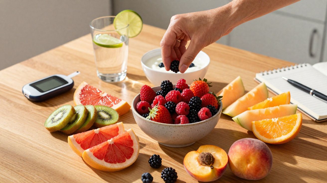 Mesa com frutas frescas, taça de iogurte, copo de água, garfo e leitor de glicemia, com mão a pegar amora.