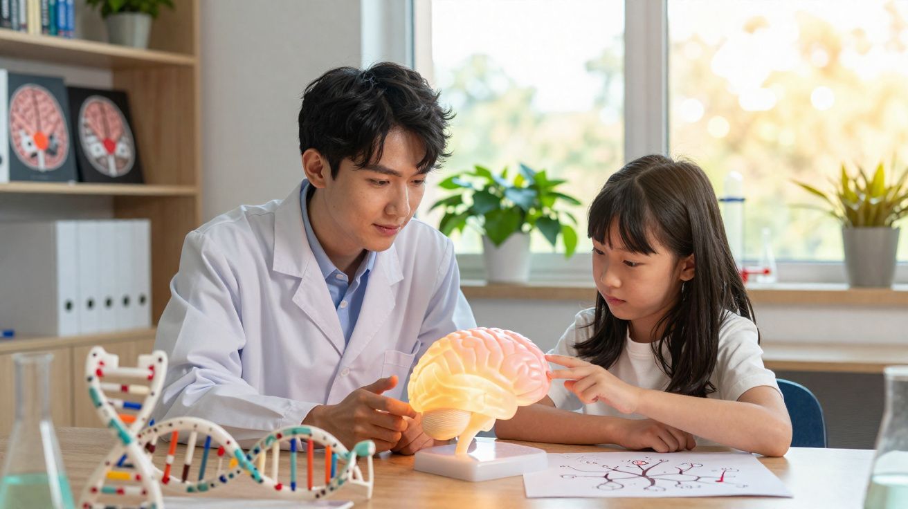 Cientista ensina jovem sobre cérebro usando modelo iluminado numa sala cheia de elementos científicos.
