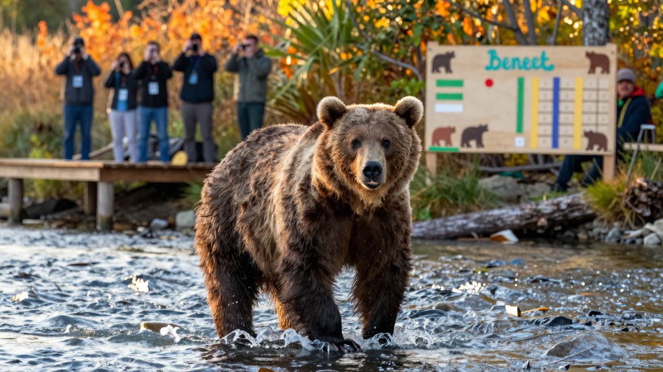 Urso pardo em rio com grupo de pessoas a observar e fotografar ao fundo durante pôr do sol.