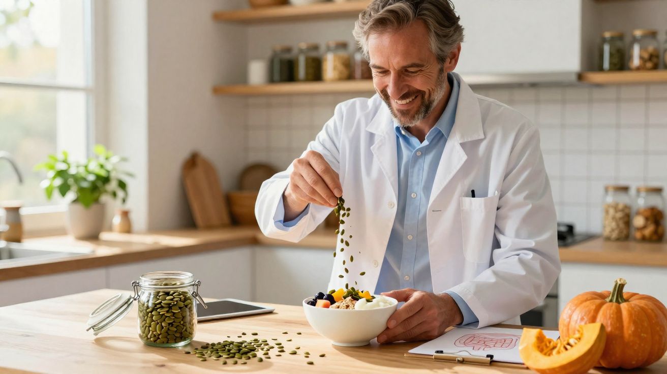 Homem de bata branca a preparar uma tigela saudável com sementes na cozinha iluminada.