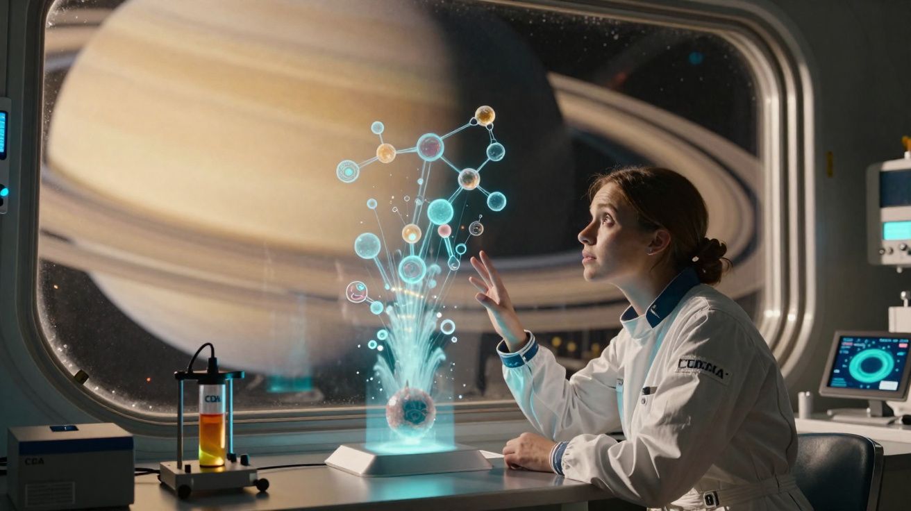 Cientista observa modelo holográfico de moléculas com planeta gasoso ao fundo numa nave espacial.