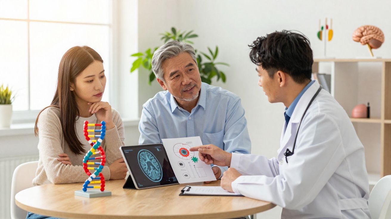 Médico explica imagens e gráficos sobre cérebro a um casal durante consulta numa sala iluminada.