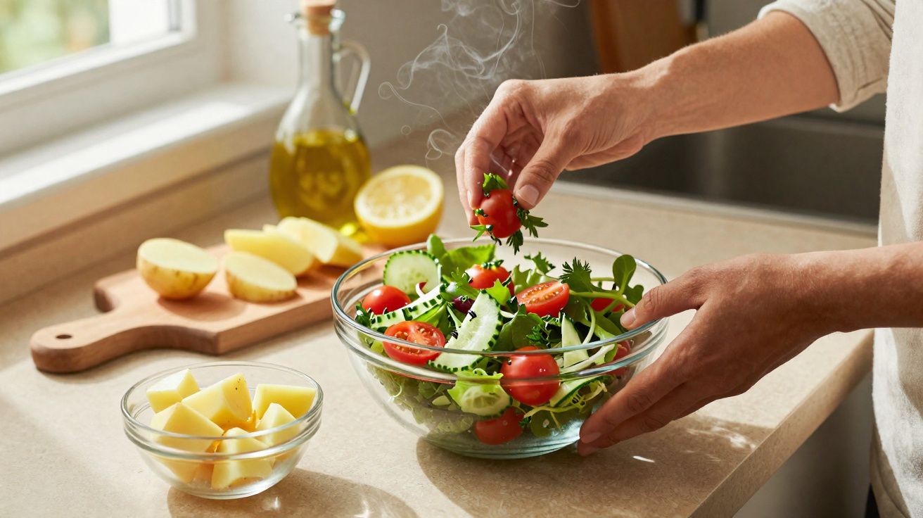 Mãos a preparar salada fresca com tomate cherry, pepino e ervas num bowl de vidro numa cozinha luminosa.