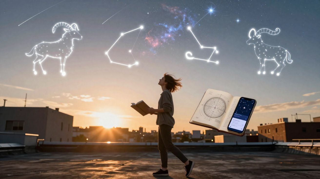 Pessoa a ler livro sobre astronomia num telhado ao pôr do sol, com constelações e ícones celestes brilhantes no céu.