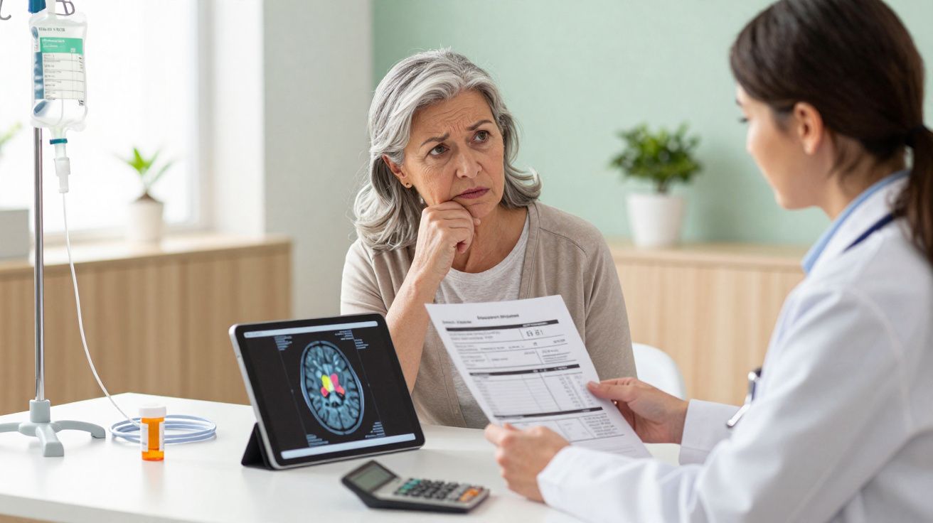 Mulher idosa preocupada consulta médica sobre exames cerebrais com doutora numa clínica.