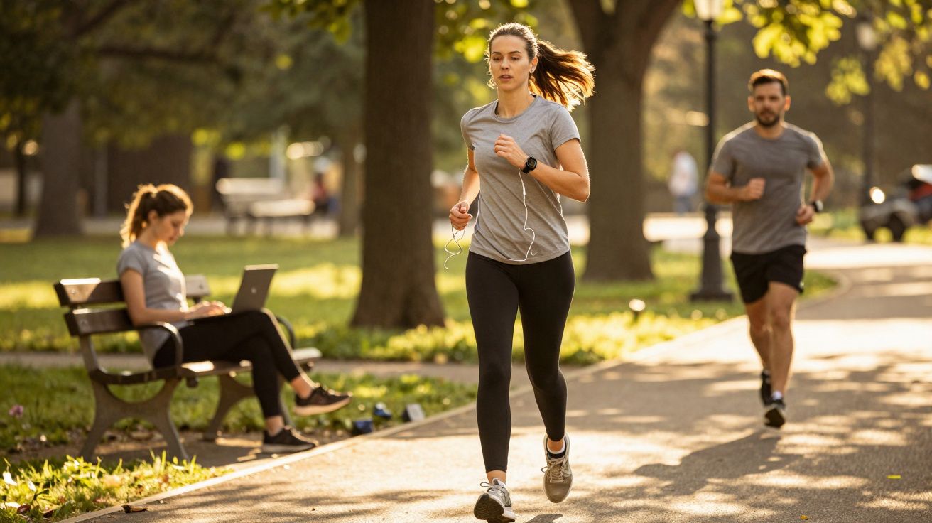 Mulher a correr num parque durante o dia, com duas pessoas ao fundo, uma a correr e outra sentada num banco.