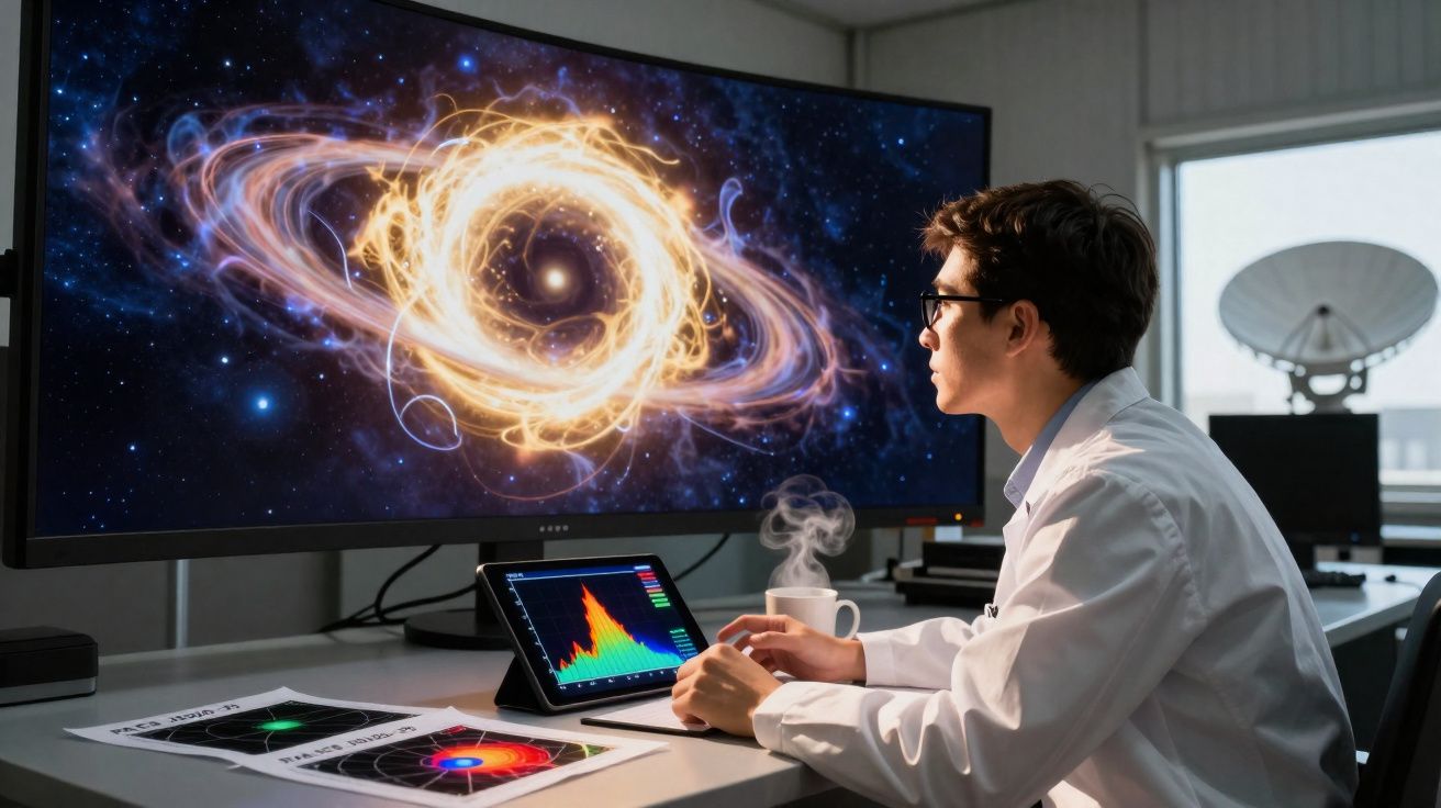 Homem em bata branca observa simulação de buraco negro na tela com gráficos científicos numa sala de laboratório.