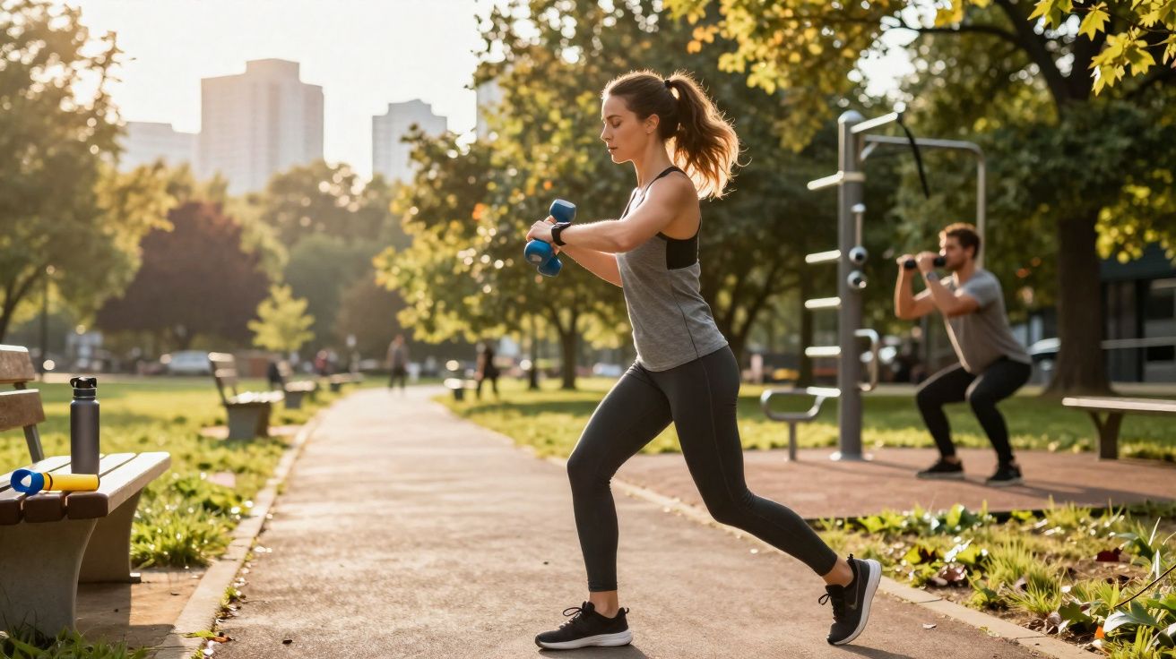 Mulher e homem jovens a exercitarem-se com pesos no parque durante o dia com luz solar suave.