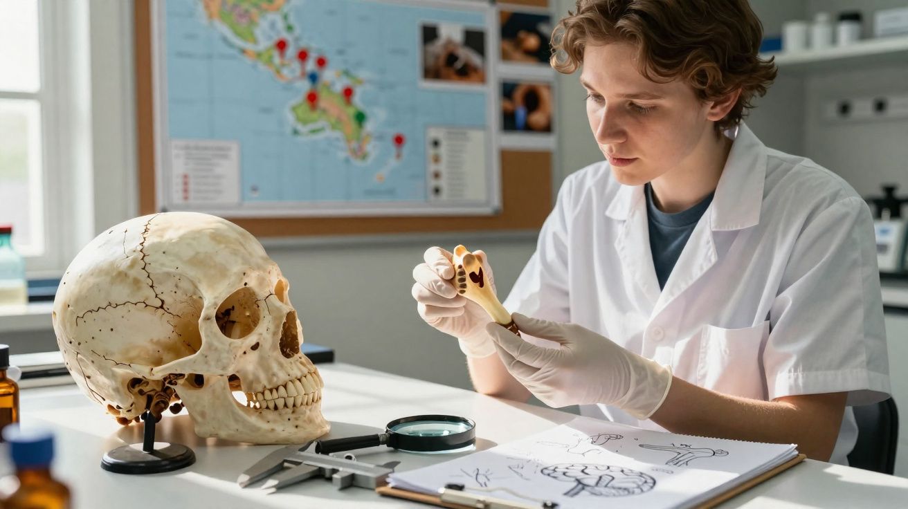 Jovem estudante em laboratório examina osso ao lado de crânio humano e desenhos anatómicos na mesa.