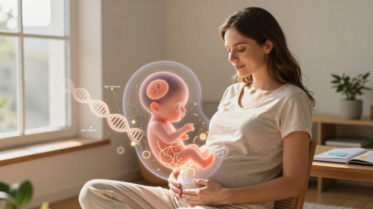 Mulher grávida sentada com visualização digital de feto e DNA no útero, ambiente calmo e iluminado.