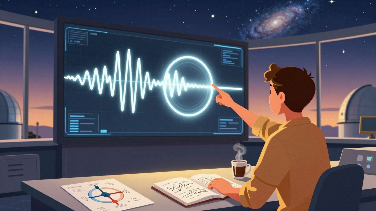Pessoa a analisar ondas sonoras num ecrã digital numa sala com vista para observatório astronómico e céu estrelado.