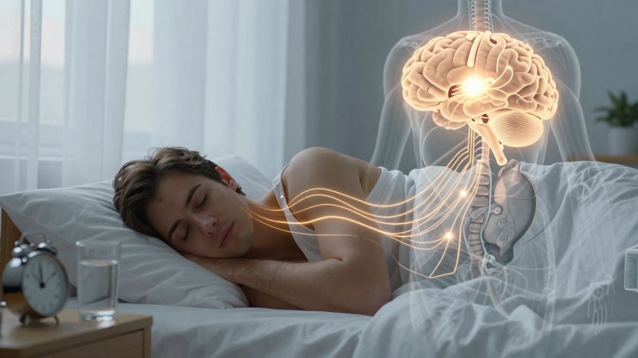 Homem a dormir na cama com ilustração do cérebro e sistema nervoso a mostrar conexões neurais.