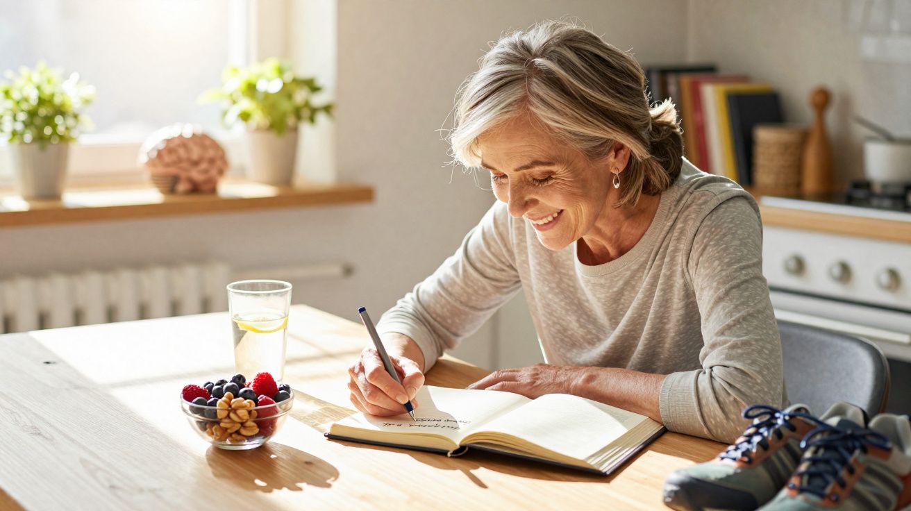 Mulher sorridente a escrever num caderno numa cozinha iluminada, com fruta e água na mesa.