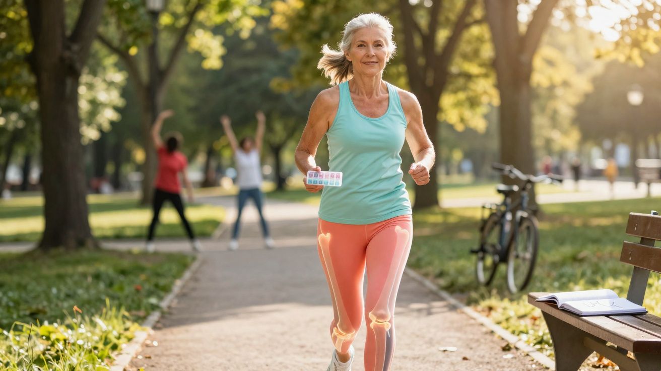 Mulher sénior a correr num parque a segurar cartelas de comprimidos, com outras pessoas a exercitar ao fundo.