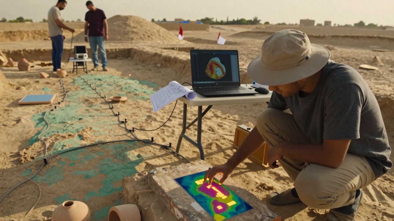 Arqueólogo analisa dados geofísicos numa escavação arqueológica ao ar livre num terreno arenoso.