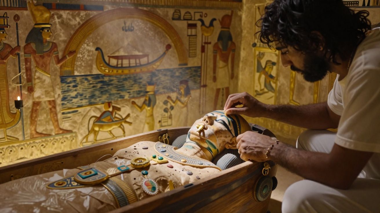 Homem a restaurar máscara funerária antiga dentro de sarcófago egípcio em sala com hieróglifos nas paredes.