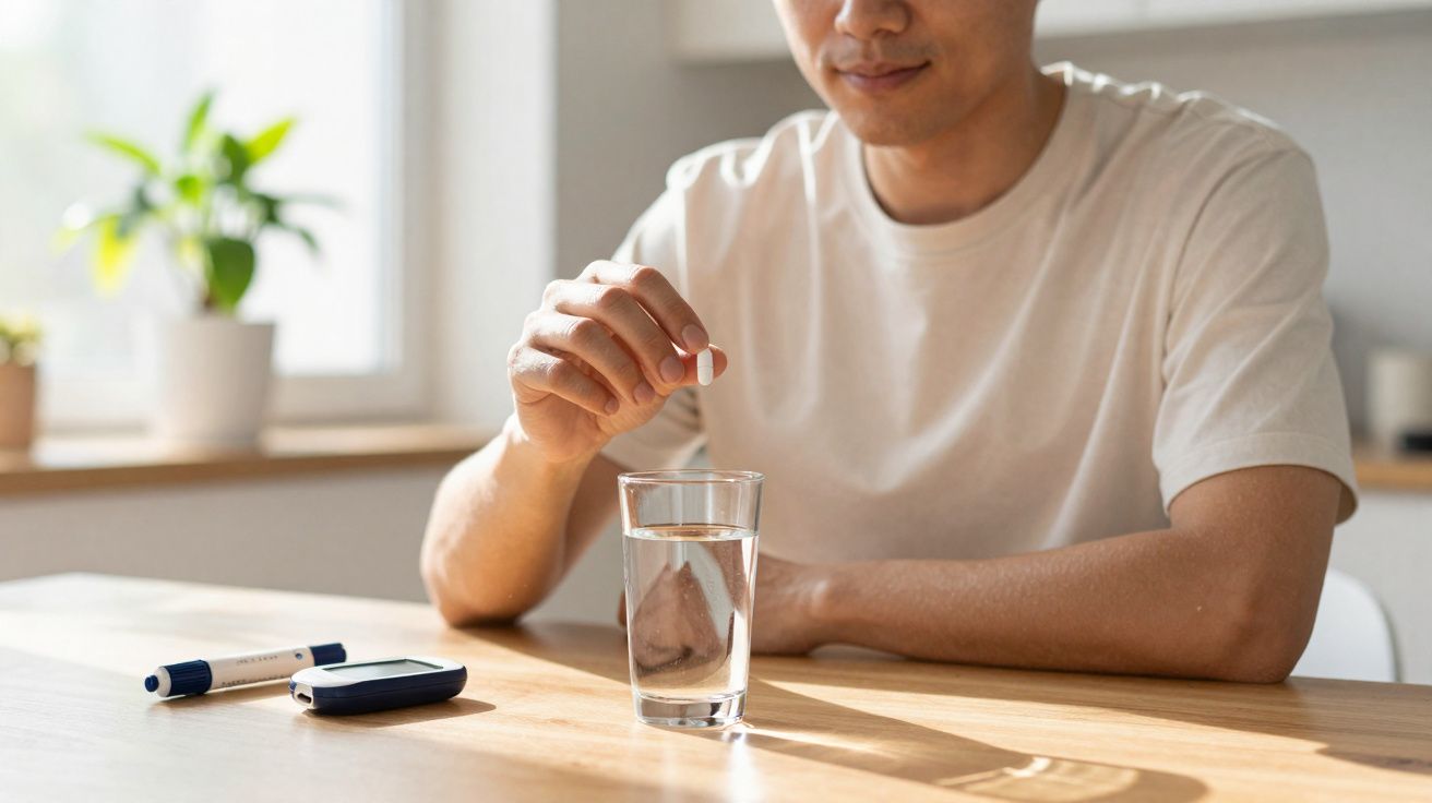 Pessoa prestes a tomar um comprimido com um copo de água, com medidor e caneta para diabetes na mesa.