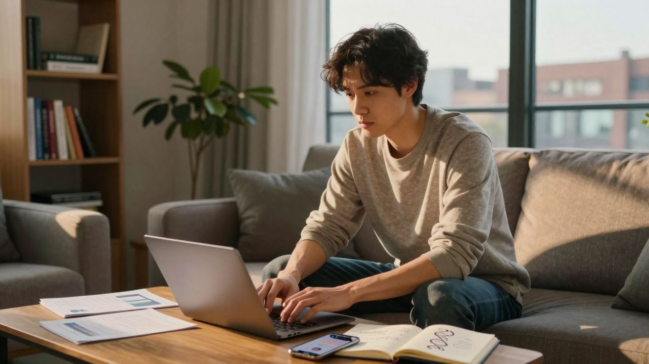 Homem jovem sentado no sofá a trabalhar num computador portátil numa sala iluminada durante o dia.