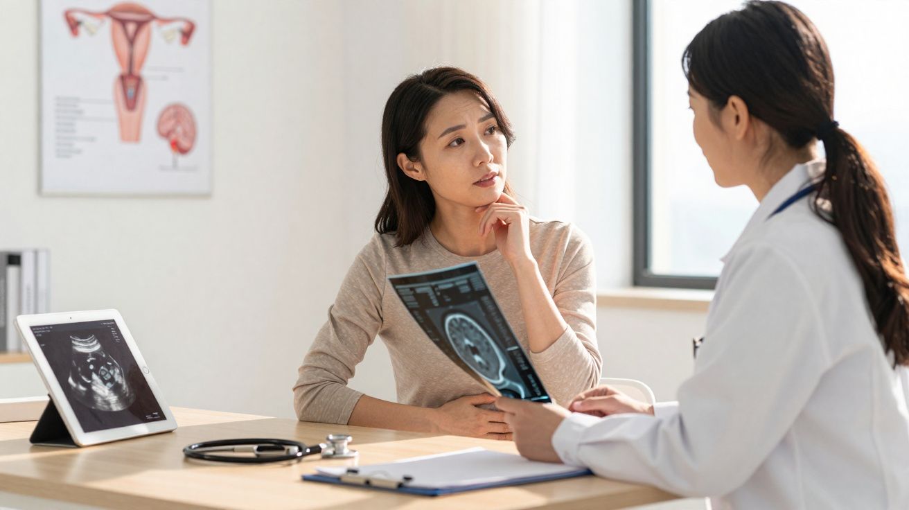 Paciente e médica discutem resultados de exames num consultório médico bem iluminado.