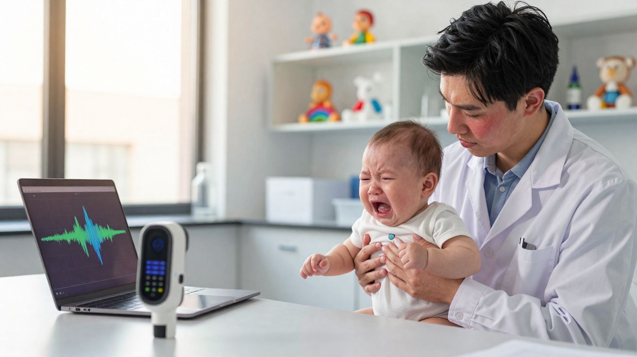 Médico segura bebé chorando numa consulta com aparelho auditivo e gráfico no computador.