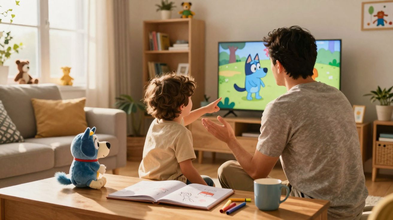 Pai e filho a ver desenho animado de cão azul numa sala de estar acolhedora com brinquedos e livros.