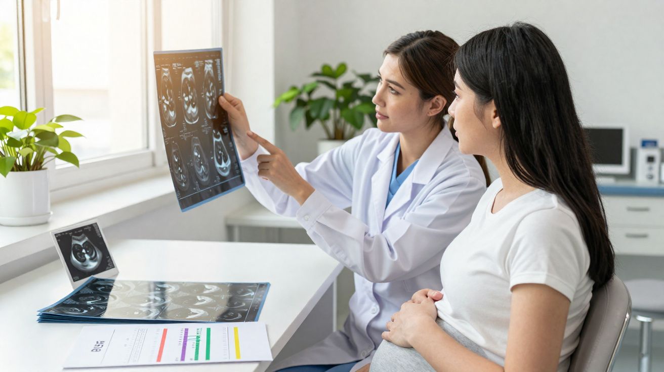 Médica a explicar raios-X a grávida sentada num consultório luminoso.