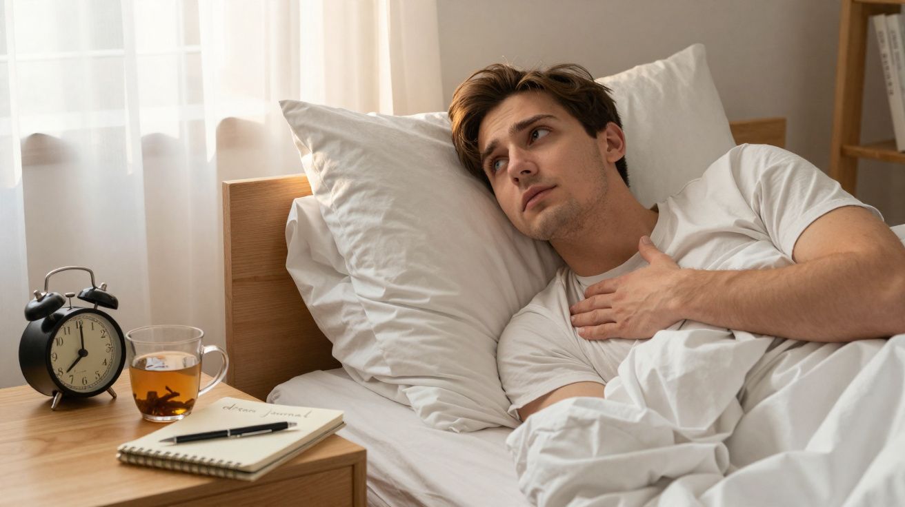 Homem deitado na cama, com mão no peito, olhando para a janela, ao lado relógio, chá e caderno na mesa.