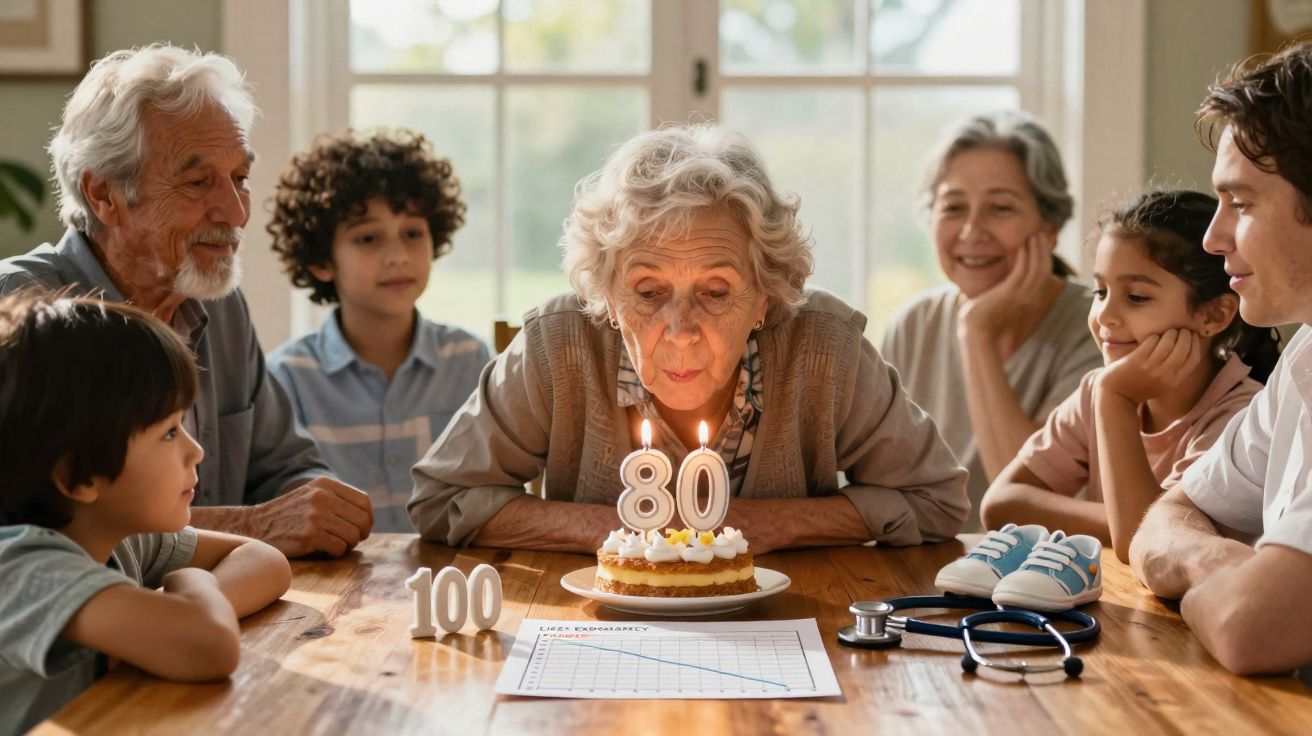 Idosa a soprar velas de um bolo de aniversário 80 rodeada pela família num ambiente acolhedor.