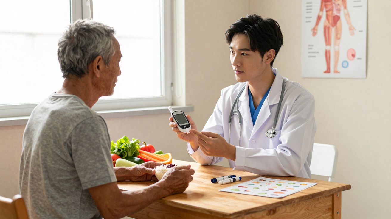 Médico explica a idoso como usar monitor de glicemia numa consulta com frutas e legumes na mesa.