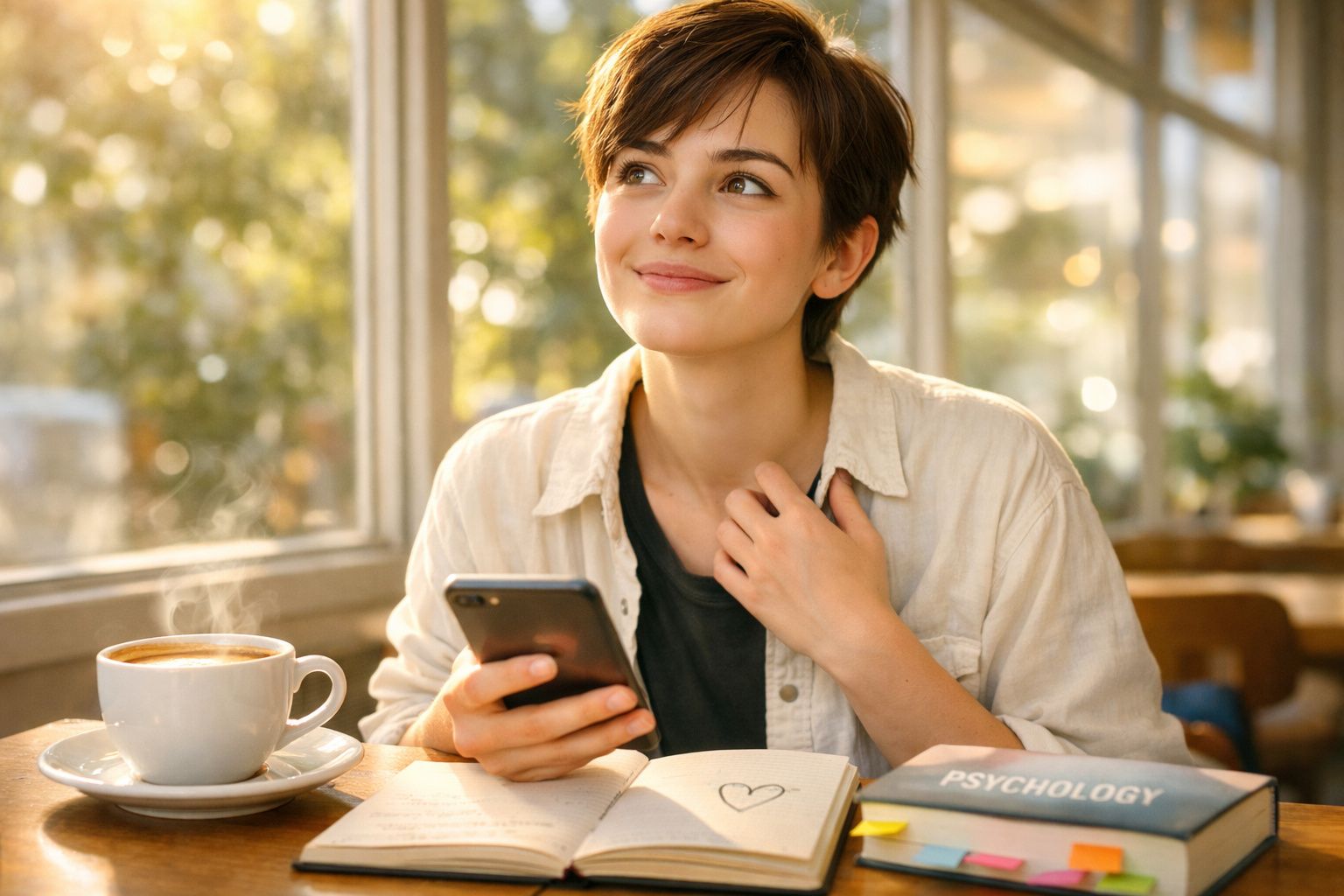 Jovem sorridente segurando telemóvel, sentada junto a janela com café, caderno e livro de psicologia.