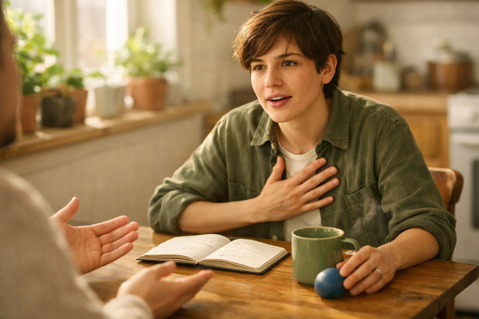 Jovem sentada a conversar, com caderno aberto, caneca e expressão atenta numa cozinha iluminada.