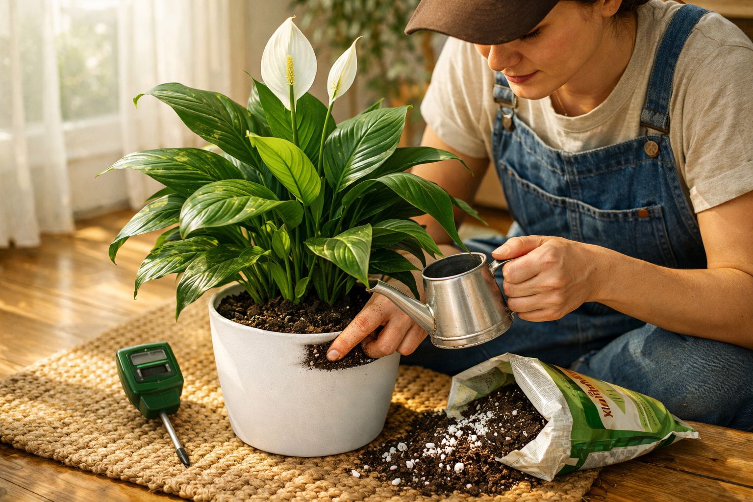 Pessoa a cuidar de planta em vaso branco, regando e adicionando terra num ambiente interior iluminado.