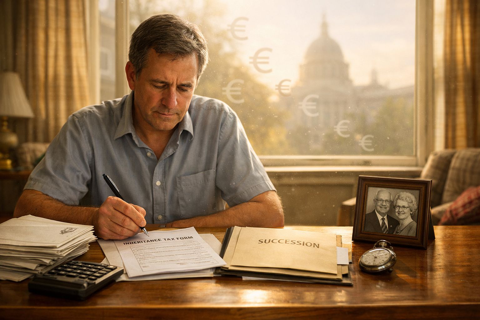Homem a preencher formulário de imposto de herança, com documentos, relógio e fotografia de casal numa mesa.
