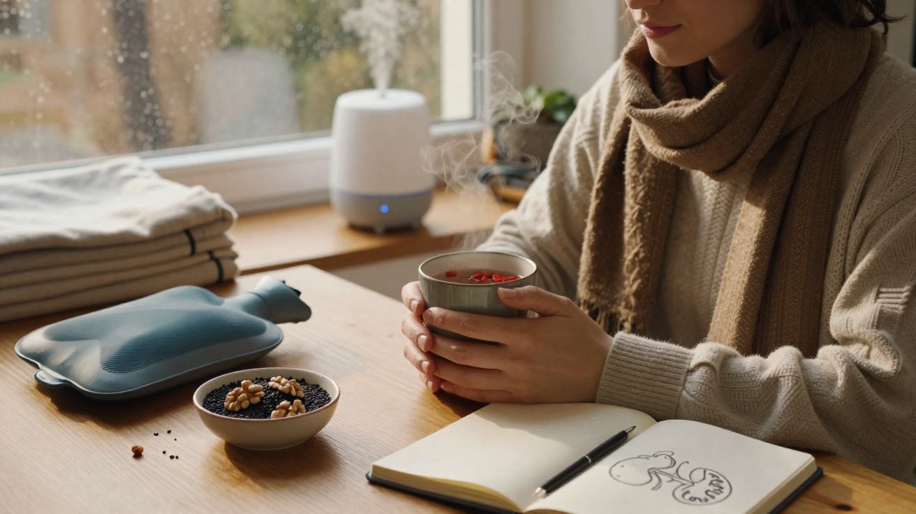 Pessoa com cachecol segura chá quente junto a caderno de desenhos, pacote de bolinhas e almofada térmica na mesa.